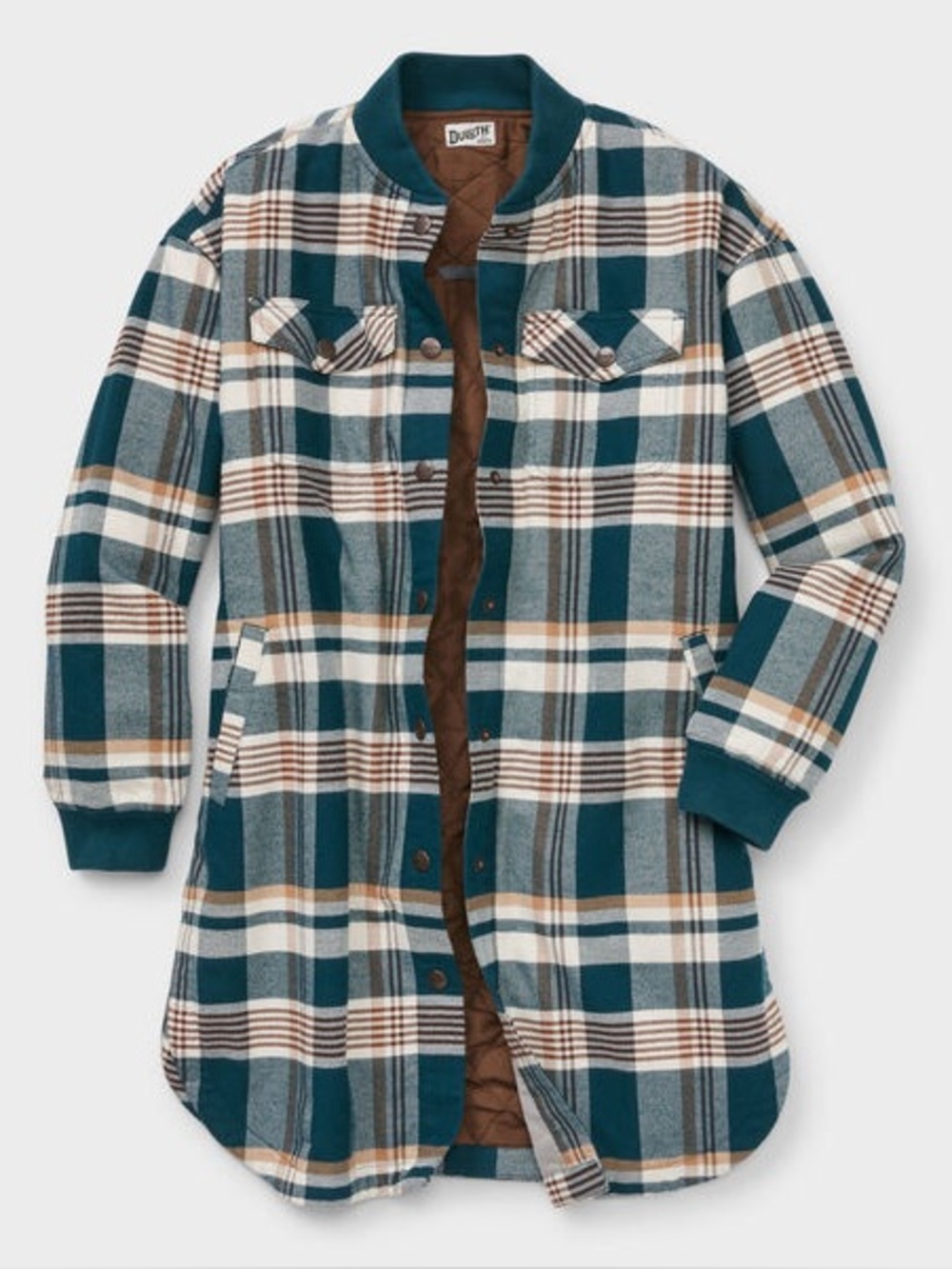 Duluth Trading Co folklore flannel duster Teal Plaid Long quilted Jacket Brown